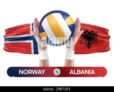 Norwegen gegen Albanien Nationalmannschaften Volleyball Volleyballspiel Wettbewerbskonzept. Stockfoto