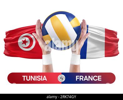 Tunesien gegen Frankreich Nationalmannschaften Volleyball Volleyball-Ball-Match-Konzept. Stockfoto