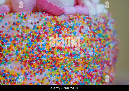 Ein rosafarbener Geburtstagskuchen, dekoriert mit rosa und weißen Marshmallows und Süßigkeiten und bedeckt mit bunten kleinen Streuseln an den Seiten. Stockfoto