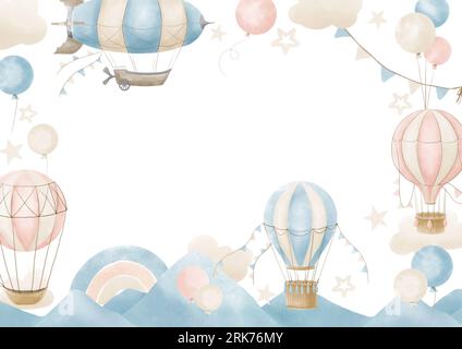Vorlage für Rahmen mit Heißluftballons, Wolken und Regenbogen. Handgezeichnete Aquarell-Illustration mit pastellfarbenen Flugzeugen für Grußkarten oder Einladungen zur Babyparty auf einem isolierten weißen Hintergrund. Stockfoto