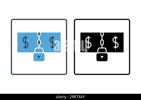 Symbol "Dollarrechnungen mit Kette und Sperre". Symbol für Kredit und Darlehen. Geeignet für Website-Design, App, Benutzeroberflächen, druckbar usw. Durchgehendes Symbol Stockfoto