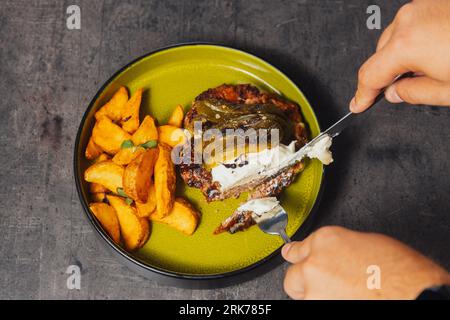 A closeup of a person cutting a chicken steak with a knife Stock Photo