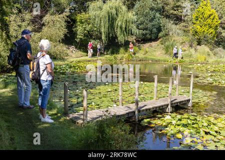 Besucher, die im englischen Sommer die Sonne genießen, können die Bennetts Water Gardens, Chickerell, Weymouth Dorset UK besuchen Stockfoto