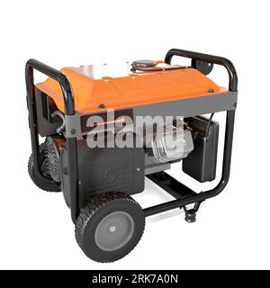 A 3D render of a close-up of an orange electric generator on wheels Stockfoto