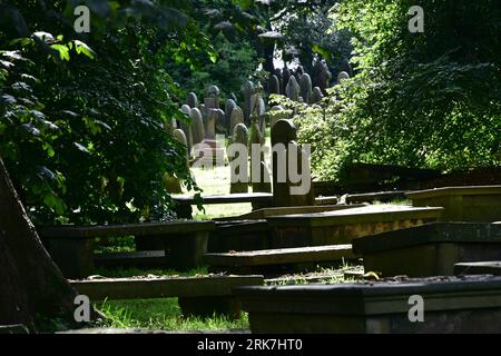 Sunlight in Haworth Parsonage graveyard, West Yorkshire Stock Photo