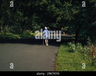 An elderly person taking a leisurely stroll through a lush park, enjoying the scenery. Stock Photo