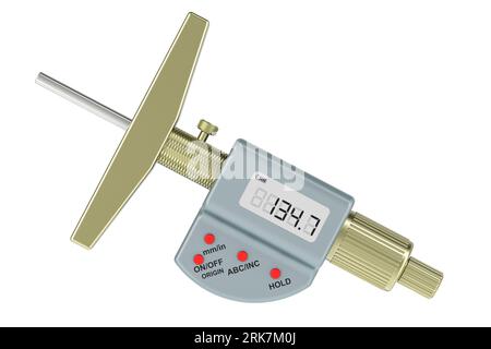 Digitales Tiefenmikrometer, Nahaufnahme. 3D-Rendering isoliert auf weißem Hintergrund Stockfoto