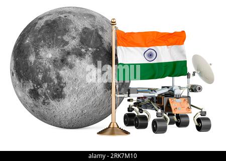 Indian Lunar Exploration Program. Planetary rover with Moon and Indian flag. 3D rendering isolated on white background Stock Photo