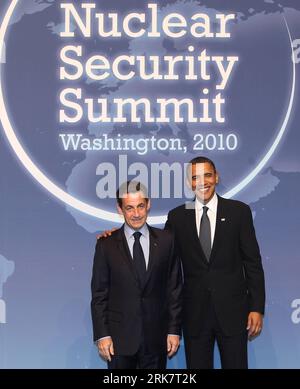 Bildnummer: 53936964  Datum: 12.04.2010  Copyright: imago/Xinhua  U.S. President Barack Obama (R) greets French President Nicolas Sarkozy upon his arrival for a working dinner during the Nuclear Security Summit in Washington, the United States, April 12, 2010. U.S. President Barack Obama on Monday evening welcomed world leaders to a working dinner in Washington, kicking off a summit aimed at preventing terrorists from obtaining nuclear weapons. (Xinhua/Ju Peng)(wjd) U.S.-WASHINGTON-NUCLEAR SECURITY SUMMIT-OBAMA-SARKOZY PUBLICATIONxNOTxINxCHN People Politik Atomgipfel premiumd xint kbdig xkg 20 Stock Photo