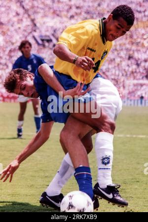 Cafu of Brazil tangles with Dino Baggio of Italy in the 1994 World Cup final. Stock Photo