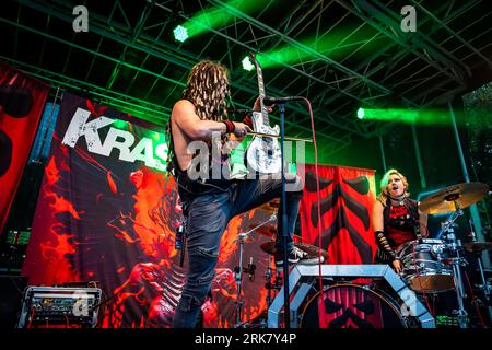 Blaker, Norway. 19th, August 2023. The American hard rock duo Krashkarma performs a live concert during the Norwegian music festival Blakerfest 2023 in Blaker. Here vocalist and guitarist Ralf Dietel is seen live on stage. (Photo credit: Gonzales Photo - Ketil Martinsen). Stock Photo