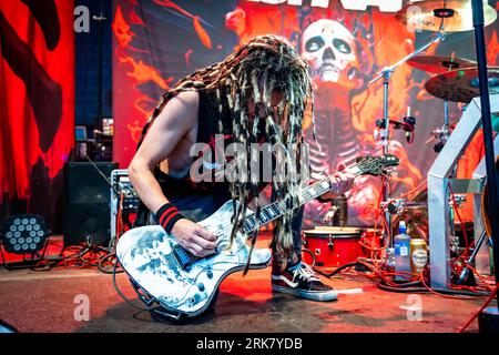 Blaker, Norway. 19th, August 2023. The American hard rock duo Krashkarma performs a live concert during the Norwegian music festival Blakerfest 2023 in Blaker. Here vocalist and guitarist Ralf Dietel is seen live on stage. (Photo credit: Gonzales Photo - Ketil Martinsen). Stock Photo