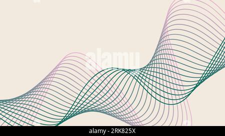 Retro geometric abstract background with connected lines. Vector wave line background in green and pink colors. Curved wavy stripes on beige backdrop Stock Vector