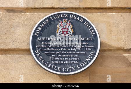 Former Turk's Head Hotel plaque to the Suffragette Movement, Grey Street, Grainger Town, Newcastle upon Tyne, Tyne and Wear, England, United Kingdom Stock Photo