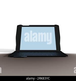 A 3D render of a tablet with a keyboard on a white background Stockfoto