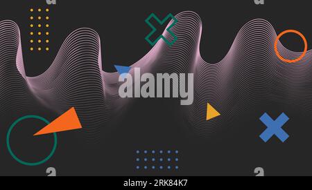 Abstract modern art with colorful Memphis geometric figures and wavy lines on black background. High-tech cyberpunk concept design. Wireframe science Stock Vektor