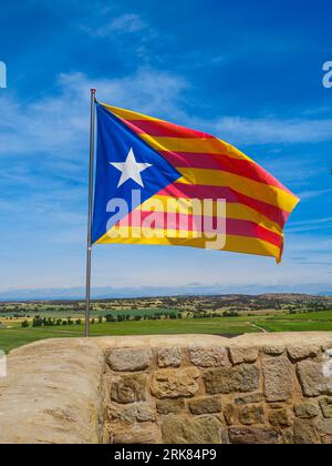 Ein lebendiges Bild der Flagge Kataloniens, die im Wind winkt, vor einem malerischen Hintergrund aus wolkenlosem blauem Himmel und saftig grüner Wiese Stockfoto