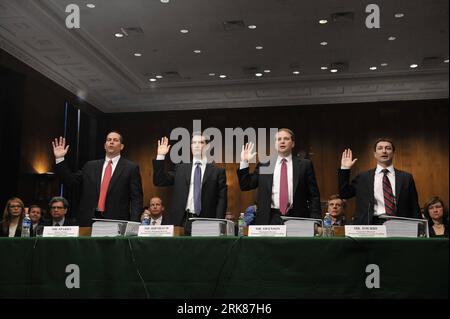 Bildnummer: 53984587  Datum: 27.04.2010  Copyright: imago/Xinhua (100427)-- WASHINGTON, April 27, 2010 (Xinhua)-- Fabrice Tourre (1st R, Front), executive director of Structured Products Group Trading and other senior management officials from Goldman Sachs Group, attend the investigations hearing on Wall Street and the Financial Crisis: The Role of Investment Banks, at US Senate Permanent Subcommittee of the Homeland Security and Government Affairs, in Washington D.C. April 27, 2010. (Xinhua/Zhang Jun) (jl) (1)US-WASHINGTON-ECONOMY-GOLDMAN-HEARING PUBLICATIONxNOTxINxCHN People Politik Wirtsch Stock Photo