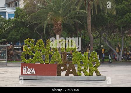 'Santa Catalina Park' sign against palm trees and sky seen in Las Palmas city centre , Gran Canaria, Spain Stock Photo