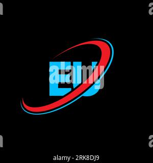 Logo mit EU E U-Buchstaben. Anfangsbuchstabe EU-verbundener Kreis Monogramm-Logo in Großbuchstaben rot und blau. EU-Logo, Muster E U. eu, e u Stock Vektor