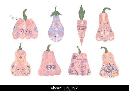 Halloween Kürbisse Clipart in Pastellfarbe im mexikanischen Zuckerschädel-Stil. Dia de los Muertos Karte, Dekoration, Aufkleber. Stock Vektor