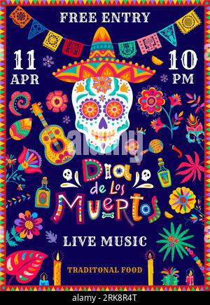 Mexican Day of Dead, Dia de Los Muertos fiesta flyer with calavera skull in sombrero, vector holiday poster. Mexican Dia de Los Muertos party celebrat Stock Vektor