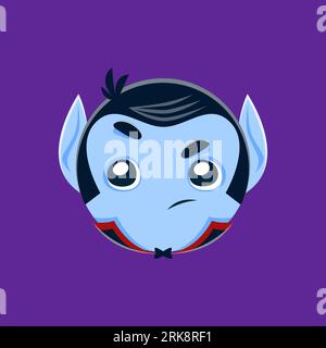Cartoon Halloween vampire emoji character. Playful vector face emoticon with mischievous expression and pale complexion, wearing a cape and bowtie, ca Stock Vektor