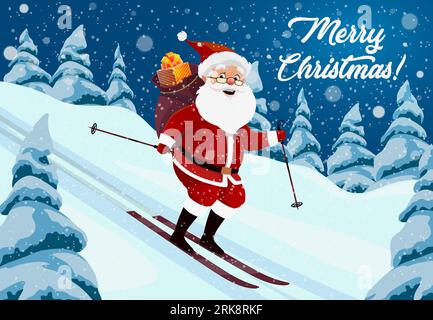 Santa Claus skiing at winter Christmas forest. Vector father Noel with gift bag sliding down the hill, his white beard fluttering in the breeze surrou Stock Vektor