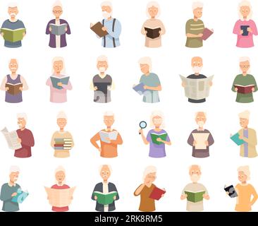 Senioren, die Symbole lesen, stellen den Zeichentrickvektor ein. Ältestenbuch. Paar Erwachsene Stock Vektor