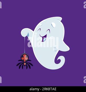 Cartoon cute kawaii Halloween ghost monster character holds a spider dangling from its web. Adorable vector spook with a playful smile, a charming com Stock Vektor