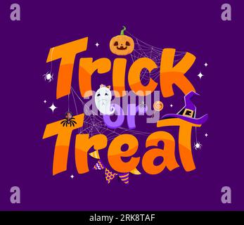 Trick oder behandle gruseliges halloween-Banner. Vektorgruselige Schrift mit unheimlichen Symbolen wie Geist, Hut, Spinne und Kürbis, perfekt für die Begrüßung beleuchtet Stock Vektor