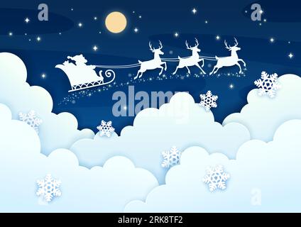 Weihnachtsgruß in Papierform mit Silhouette im Schlitten des Weihnachtsmanns am bewölkten Nachthimmel. Vector Weihnachten Urlaub Papercut Kunst mit Vater Noel reitet Rentier Schlitten o Stock Vektor
