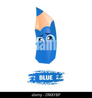 Cute Blue Funny Sad Pencil. Education concept. Crying blue crayon. Sad blue school pencil. Stock Vektor