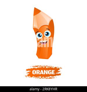 Niedlicher, Oranger, Lustiger Bleistiftcartoon. Bildungskonzept. Lustiger Schulbleistift. Fröhliche, orangefarbene Zeichentrickfigur Stock Vektor