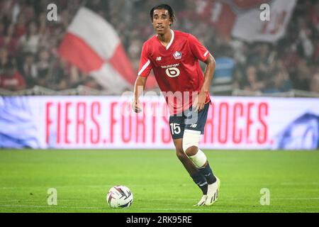 Lille, France. 24th Aug, 2023. Leny Yoro of Lille during the UEFA Europa Conference League match between Lille Olympique Sporting Club and HNK Rijeka played at Stade Pierre-Mauroy on August 24, 2023 in Lille, France. (Photo by Matthieu Mirville/PRESSINPHOTO) Credit: PRESSINPHOTO SPORTS AGENCY/Alamy Live News Stockfoto