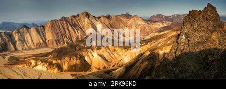 Panoramic sunny view from Blahnukur mountain in Landmannalaugar, Iceland Stock Photo