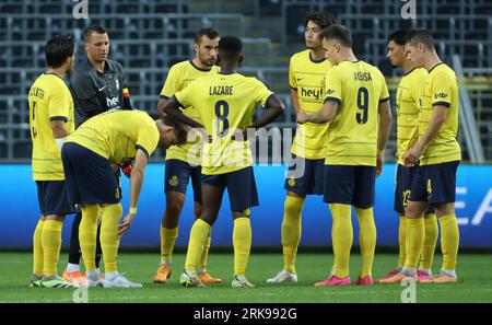 Brüssel, Belgien. August 2023. Die Spieler von Union sind vor einem Fußballspiel zwischen der belgischen Royale Union Saint Gilloise und dem Schweizer FC Lugano am Donnerstag, den 24. August 2023, in Brüssel abgebildet, der ersten Etappe des Play-offs für den UEFA Europa League-Wettbewerb. BELGA FOTO DAVID PINTENS Credit: Belga News Agency/Alamy Live News Stockfoto