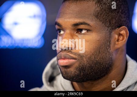 Breslau, Polen. August 2023. Daniel Dubois während der Pressekonferenz vor dem Boxkampf um WBA, WBO, IBF, IBO gürtet sich zwischen Oleksandr Usyk (UKR) und Daniel Dubois (GBR) in Breslau, Polen, 24. August 2023.(Foto: Mateusz Porzucek/PressFocus/SIPA USA) Credit: SIPA USA/Alamy Live News Stockfoto