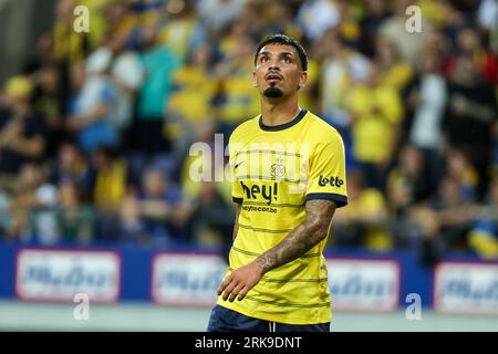Brussels, Belgium. 24th Aug, 2023. Union's Cameron Puertas Castro pictured during a soccer game between Belgian Royale Union Saint Gilloise and Swiss FC Lugano, Thursday 24 August 2023 in Brussels, the first leg of the play-off for the UEFA Europa League competition. BELGA PHOTO DAVID PINTENS Credit: Belga News Agency/Alamy Live News Stockfoto