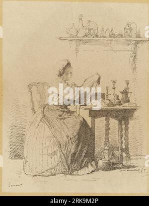 Ecureuse, een dienstmeisje dat aan tafel zit te poetsen. 1871 von Alexander Hugo Bakker Korff Stockfoto