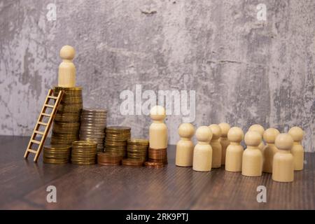 Concept for property ladder, mortgage and real estate investment. house model and miniature businessman on coins stack. Stock Photo