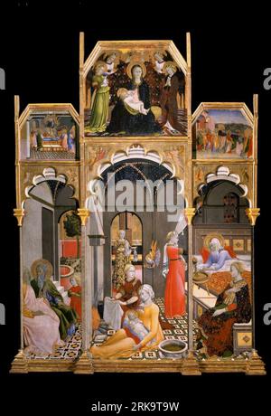 Birth of the Virgin with other scenes from her life circa 1428-39 by Master of the Osservanza Triptych Stock Photo