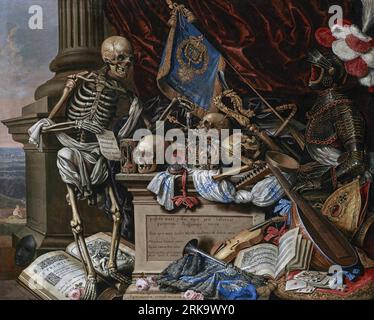 Vanitas Still Life with Musical Instruments, Sheet Music, Books, a Skeleton, Skulls and Armour circa 1650 by Carstian Luyckx Stock Photo