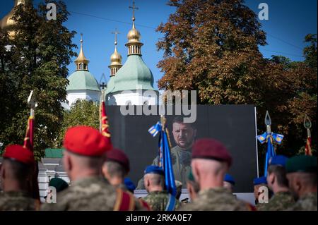 Kyiv, Ukraine. 24th Aug, 2023. Members of the Ukrainian Armed Forces look on as Ukrainian President Volodymyr Zelensky speaks during an official celebration of Ukraine's 32nd Independence Day in Sophia Square in Kyiv, Ukraine on Thursday, August 24, 2023. Photo by Ukrainian President Press Office/ Credit: UPI/Alamy Live News Stock Photo