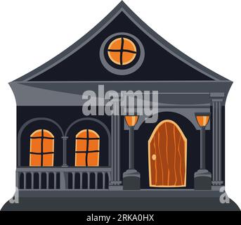 Isolated Halloween house. Gray spooky mansion with gothic windows, and lanterns at the entrance. Haunted house in flat style. Vector illustration. Stock Vektor