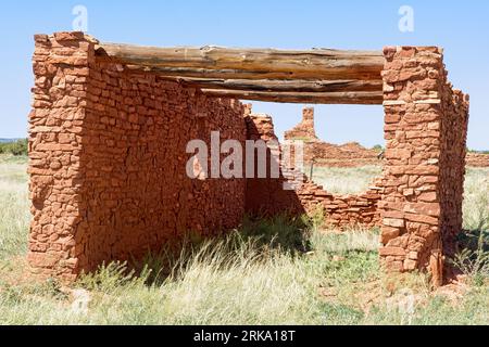 Looking through sandstone masonry pueblo ruins with  roof vigas to San Gregorio de Abo II church in Salinas Pueblo Missions National Monument Stock Photo