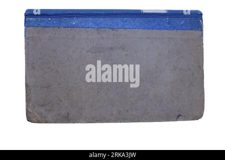 Old books: An early nineteenth century budget book binding: Thick card boards which are worn with age and a blue cloth spine. White background. Stockfoto