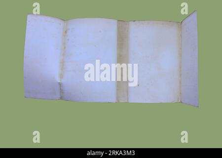 Alte Bücher: Die Unterseite eines alten Papierstaubmantels zeigt schwere Fuxing. Wird vor einem grünen Hintergrund mit Kopierraum eingestellt. Stockfoto