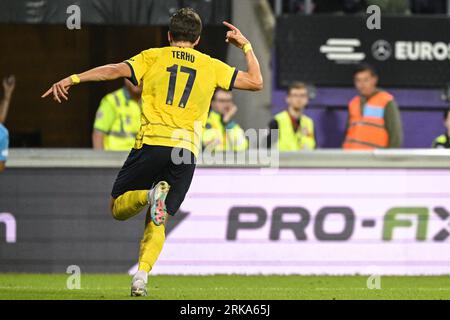 Brüssel, Belgien. August 2023. Casper Terho feiert am Donnerstag, den 24. August 2023, in Brüssel, die erste Runde des Play-offs für den UEFA Europa League-Wettbewerb, nach einem Fußballspiel zwischen der belgischen Royale Union Saint Gilloise und dem Schweizer FC Lugano. BELGA PHOTO LAURIE DIEFFEMBACQ Credit: Belga News Agency/Alamy Live News Stockfoto