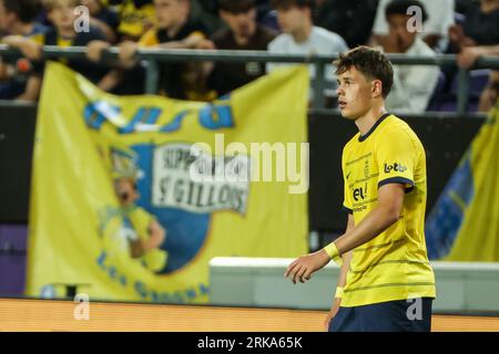 Brüssel, Belgien. August 2023. Casper Terho feiert am Donnerstag, den 24. August 2023, in Brüssel, die erste Runde des Play-offs für den UEFA Europa League-Wettbewerb, nach einem Fußballspiel zwischen der belgischen Royale Union Saint Gilloise und dem Schweizer FC Lugano. BELGA FOTO DAVID PINTENS Credit: Belga News Agency/Alamy Live News Stockfoto